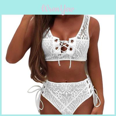 Elegancki Koronkowy Kostium Kąpielowy z Wycięciami i Wysokim Stanem Zestaw Bikini na Sznurki Dla Kobiet