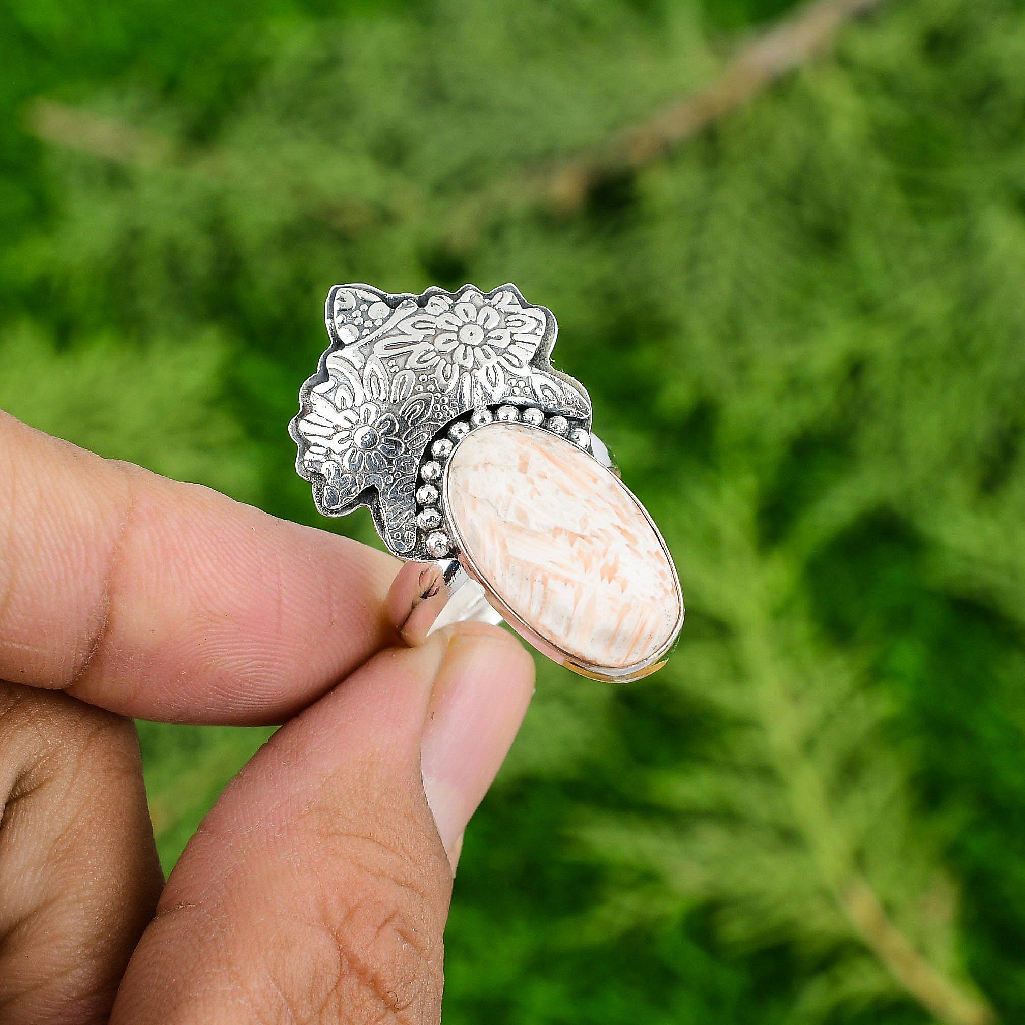 

Easter Sale 925 Sterling Silver Oval Scolecite Stone Stackable Statement Ring Adjustable