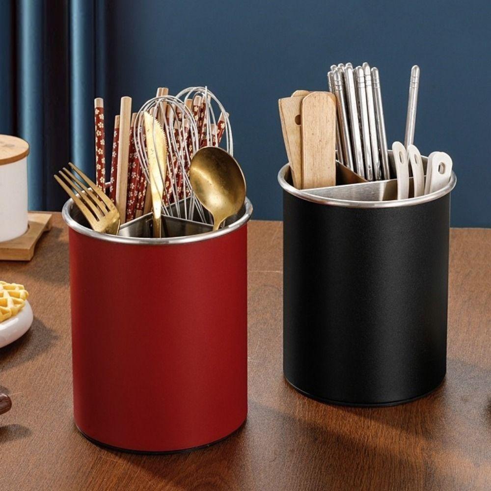Stainless Steel Rotating Chopstick Tube Detachable 3 Divided Chopstick Spoon Storage Rack Large Capacity Space Saving