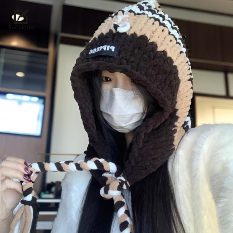 Korean Big Head Circumference Thick Thread Pullover Hat for Women's Handmade Warm Knitted Hat Outdoor Wool Hat