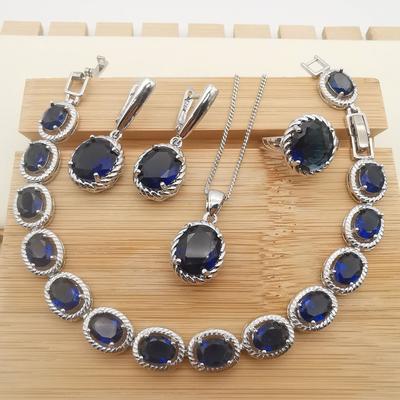European and American Style Jewelry Set Four Piece Set Fried Dough Twists Egg Shaped Blue Crystal White Stone Necklace Temperament Earrings