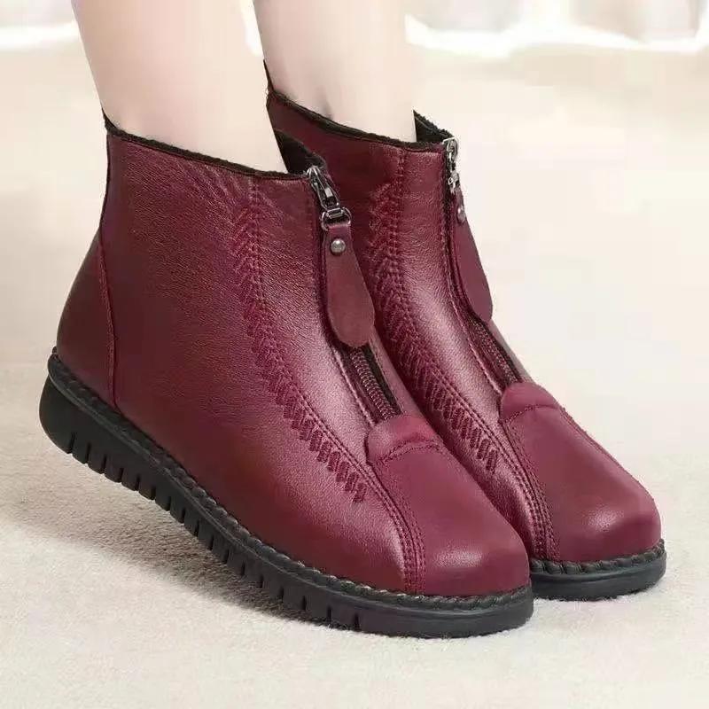 Winter Women Ankle Boots Warm Mother's Boots Flat-Bottom Comfortable Non Slip Front Zipper Closure Female Footwear