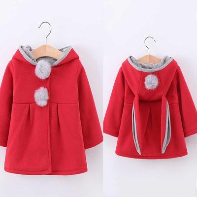 Kid's Woolen Warm Rabbit Ear Coat Girl Velvet Jacket Long Sleeve Autumn Cute Hoodie Outwear Cartoon Woolen Winte