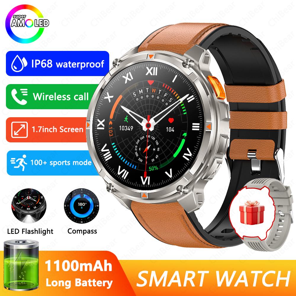 Militärische 1100mAh Super-Große Batterie Herren Kompass Smartwatch 1,7-Zoll AMOLED Bluetooth-Anruf IP68 Wasserdicht Sport Smartwatch
