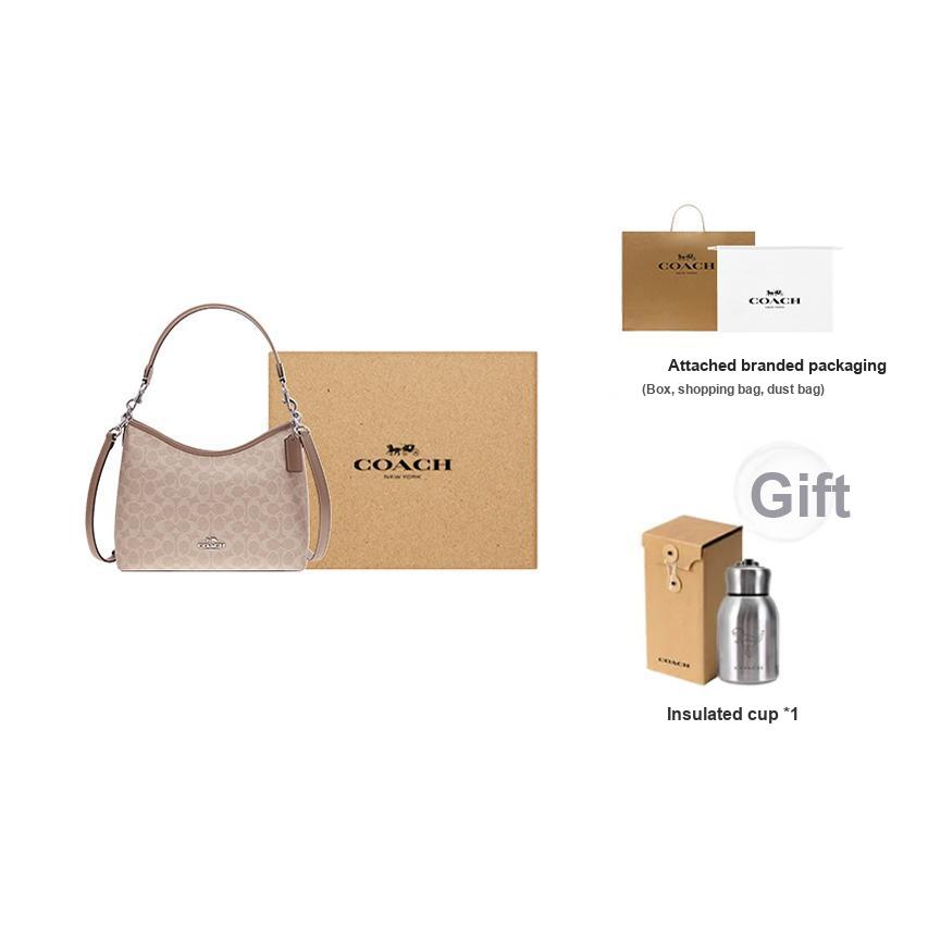 Coach Laurel 31 Tracolla Rimovibile Chiusura a Zip Tela Rivestita Borsa a Spalla a Tracolla Grande Borse da Donna Grigio Sabbia-Marrone CV975-SVPWH