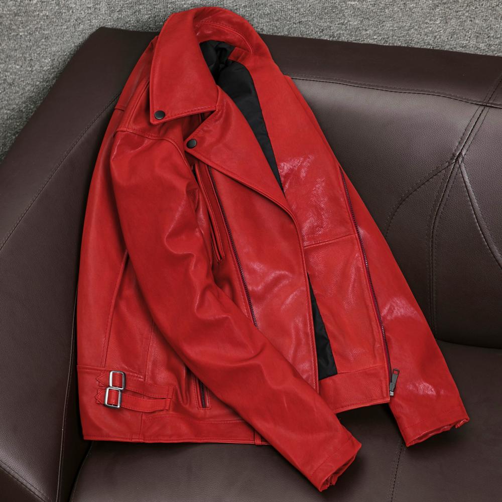New Genuine Sheepskin Leather Jacket Men Slim Fit Korean Style Red Biker Coat