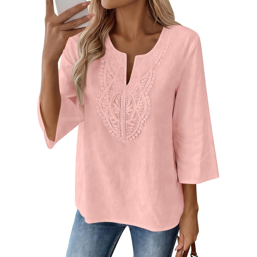 Blusa Casual da Donna con Maniche a 3/4 Ricamata, Vestibilità Larga, Tunica con Scollo a V Spaccato per l'Uso Quotidiano, Stile Comodo