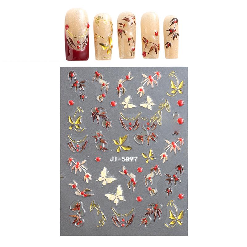 Fashion Red Cherry Rowknot 3D Nail Sticker Self-Adhesive Nail Art Decoration Sticker For Women Manicure Diy Decals Decoration