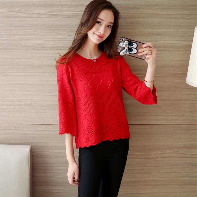 În primăvară și vară Pulover scobit nou din tricot Jachetă de damă cu secțiune subțire cu gât rotund Îmbrăcăminte linie largi Cămașă cu mânecă de șapte minute