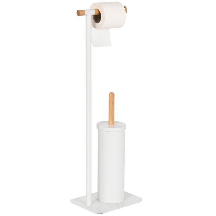 Dérouleur Papier Toilette + Brosse WC En Métal Blanc Et Bambo