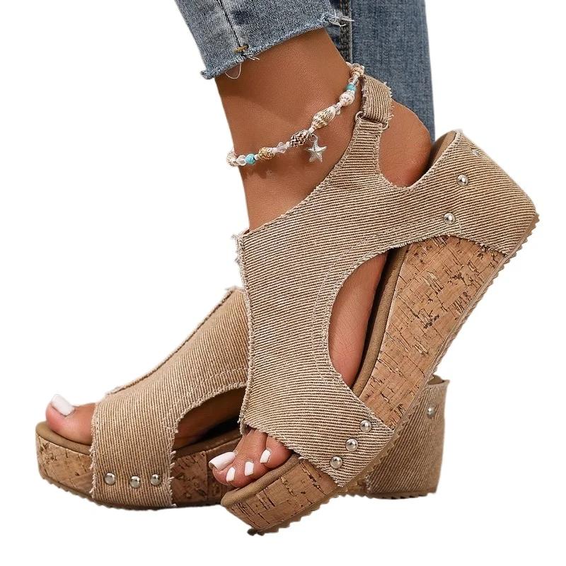 Fashion 2025 Plus Size Female Shoes Open Toe Women's Sandals Summer Denim Daily Sandals Women Round Toe Platform Wedges Shoes Women