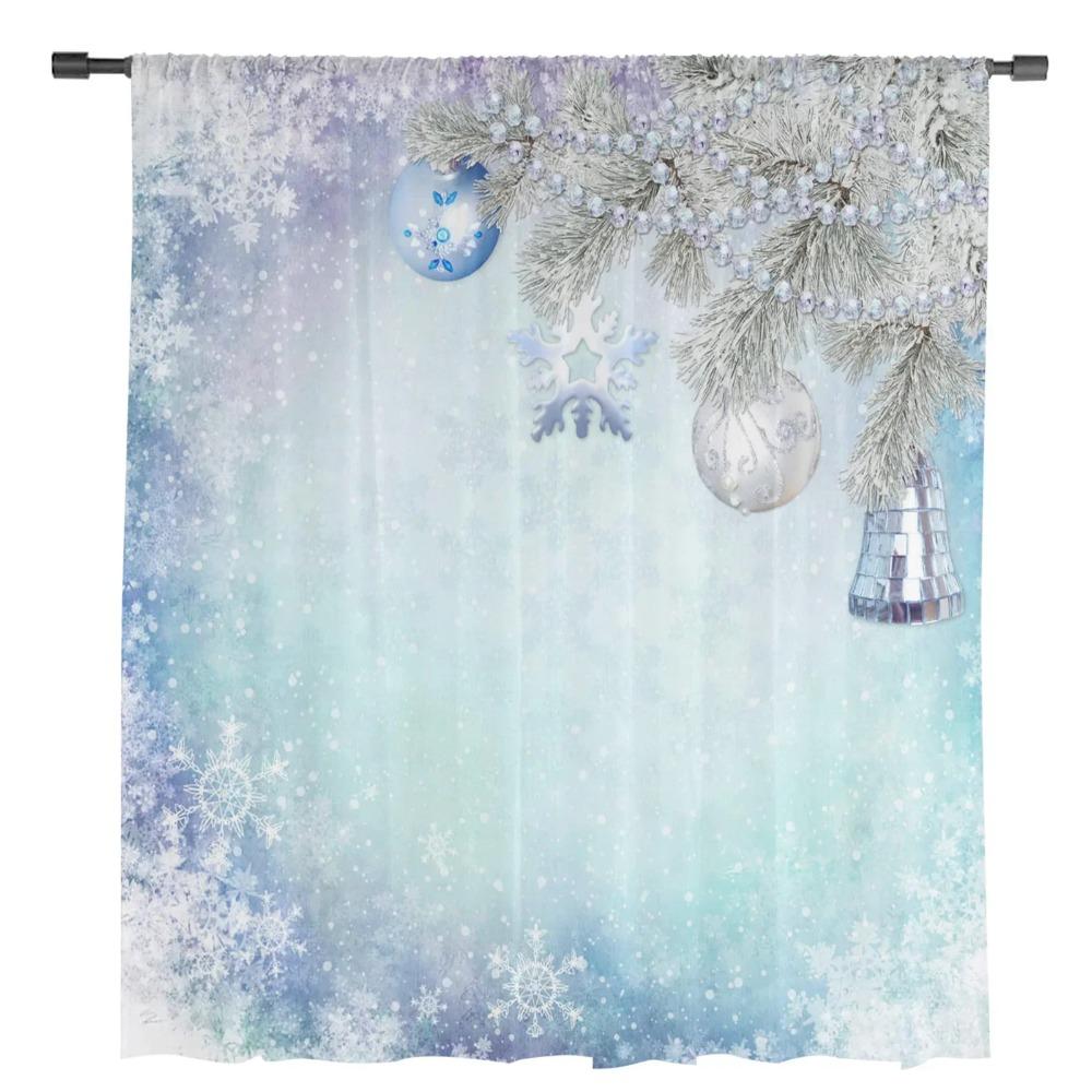 Christmas Snowflakes Leaves Bells Tulle Sheer Window Curtains Ideal for Living Room the Bedroom Modern Voile Silk-like Fabric Drapes Drapes