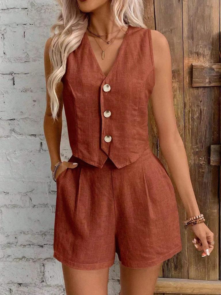 European & American Linen Summer Casual V-Neck Vest and Shorts Set for Women