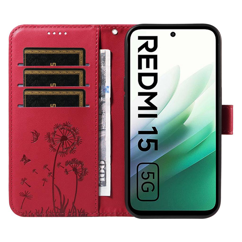 For Xiaomi Redmi 15 5G (Global) (169mm) Leather Wallet Case with Strap Dandelion Imprint Phone Stand Cover