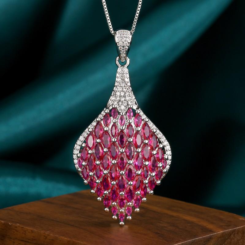 Red Spinel Jewelry Set Women Floral Design Copper Chain Necklace Stud Earrings Fashion OL Style 2025