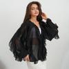 Chiffon Ruffled V-Neck Shirts Top Women Blouse Tee 2026 Summer Sheer Lace-Up High Waist Blouse Elegant Female Shirts Tops