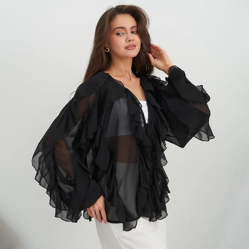 Chiffon Ruffled V-Neck Shirts Top Women Blouse Tee 2026 Summer Sheer Lace-Up High Waist Blouse Elegant Female Shirts Tops