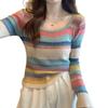 Autumn and Winter New Sweet and Spicy Square Collar Niche Contrasting Stripes Knitted Slim and Thin Soft Waxy Short T-shirt