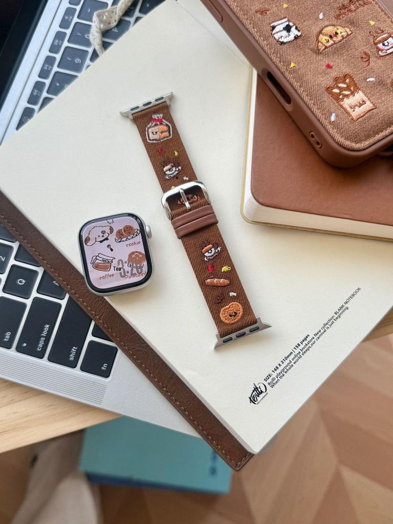 Cartoon Embroidered Denim Leather Watch Strap for Apple Watch Series 11/10/98 Ultra SE