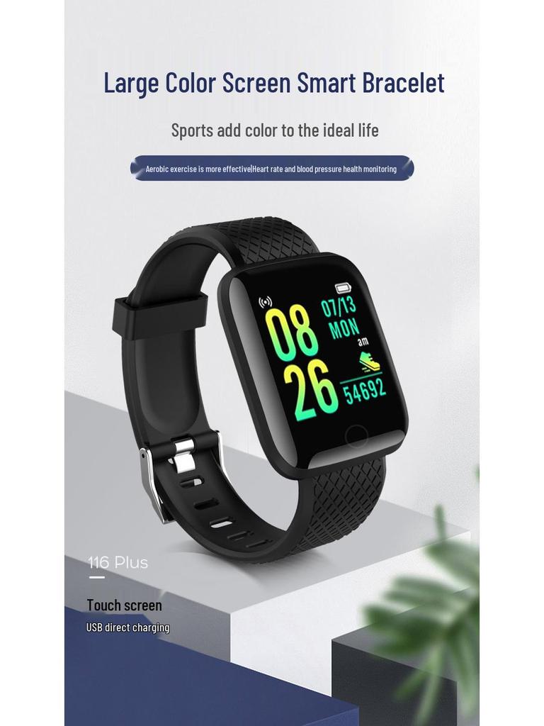 116Plus D13 Smart Sports Bracelet with Color Screen, Step Counter, Bluetooth Alerts, Heart Rate & Blood Pressure Monitor.