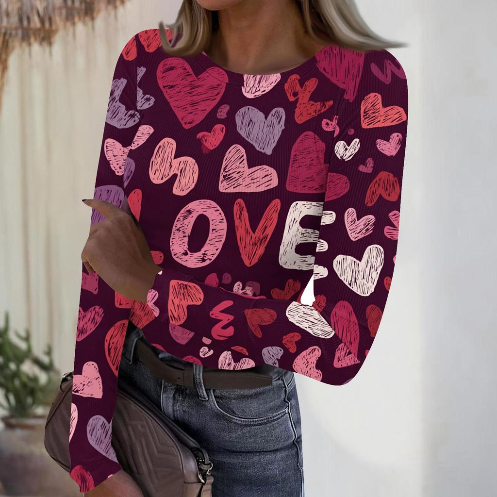 Women's Casual And Fashionable Round-neck Long-sleeved Ribbed Top With Valentine's Day Print.