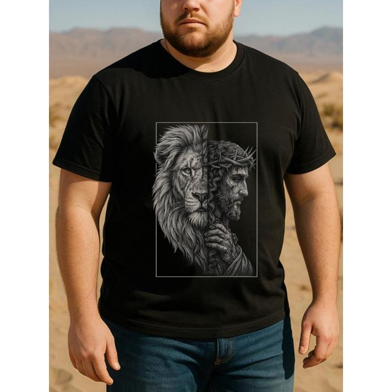 

European sizes Men s Lion of Judah Christ T-Shirt - Lion of God Biblical Print Short Sleeve & Long Sleeve Casual Round Neck Shirt, Religious Gift 4XL чорний