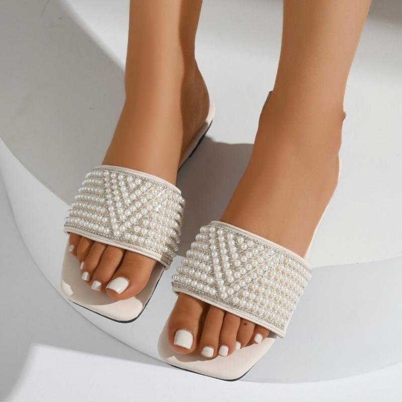 Fashion 2025 NEW Style Beaded Leather Women'S Flat Slide Sandals Square Headed Summer Sandals Beach Slippers Pearl Decoration