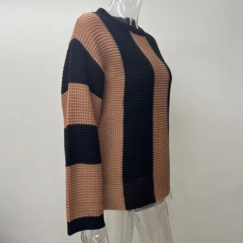 Bahor va Kuz Trikotaj Sviter Top Dumaloq Bo'yin Chiziqli Ayollar Moda Dizayni Sviter Jaket