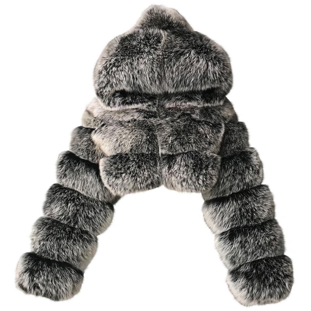 Women Short Faux Hooded Warm Furry Splicing Jacket Long  Sleeve Outerwear