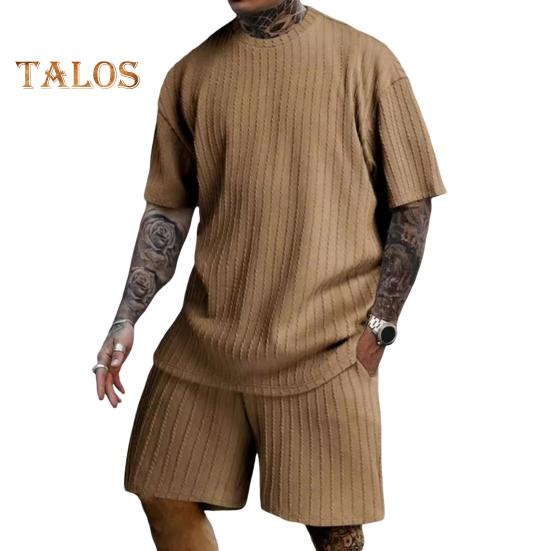 

Мужской спортивный костюм из 2 шт./компл., футболка с круглым вырезом и коротким рукавом, эластичная талия, широкие шорты с карманами, комплект одежды для бега с жаккардовой текстурой M кофейный