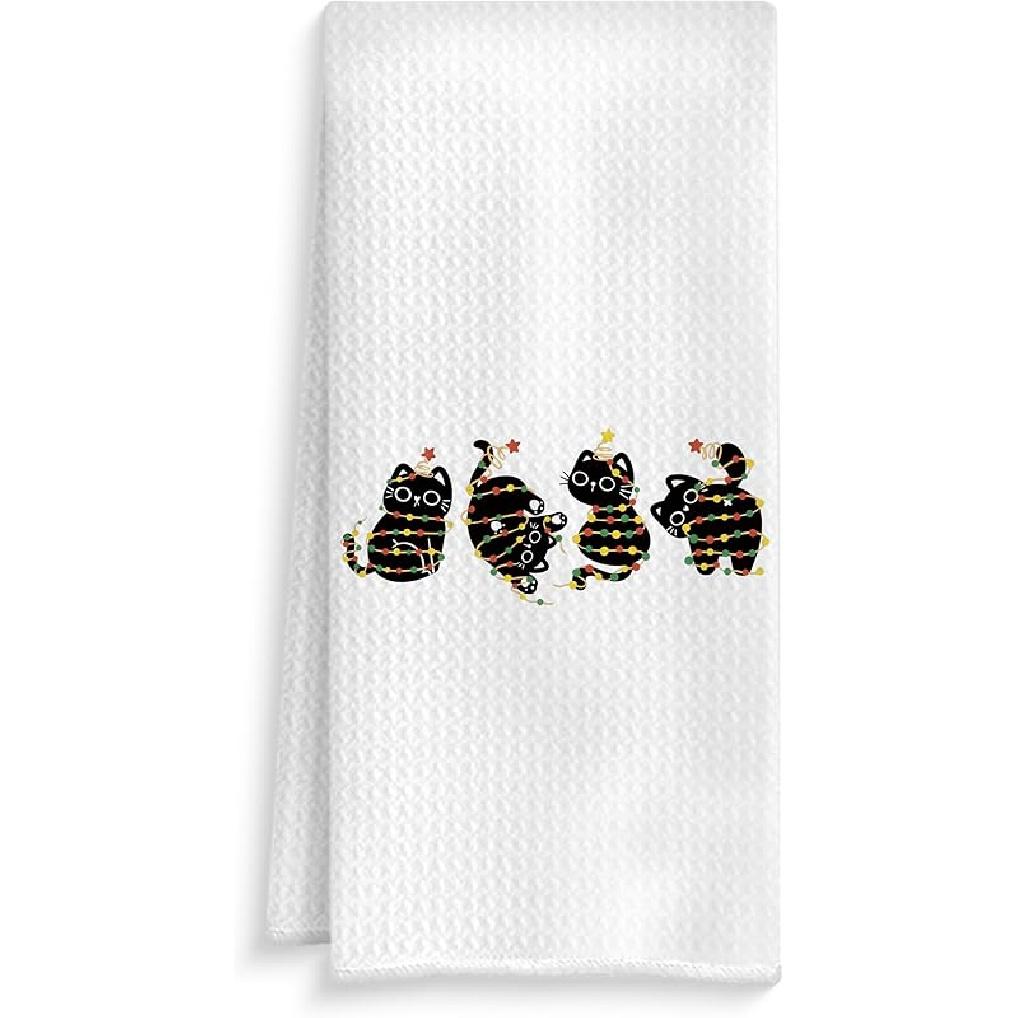 Christmas Black Cat Kitchen Towels, Black Cat Lover Gifts Dish Tea Towels, Holiday Funny Christmas Lights Kitten Decorative Hand Towel for Bathroom Style06