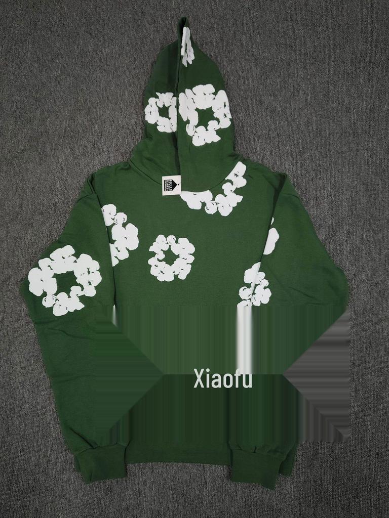 Schwerer Baumwoll-Denim-Hoodie mit Blumenmuster - Trendige amerikanische Streetwear-Jacke für Herren