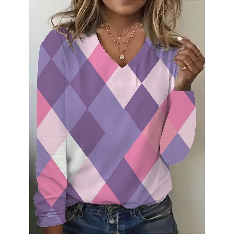Autumn Women's 3D Rhombus Geometric Printing V-Neck Long Sleeve