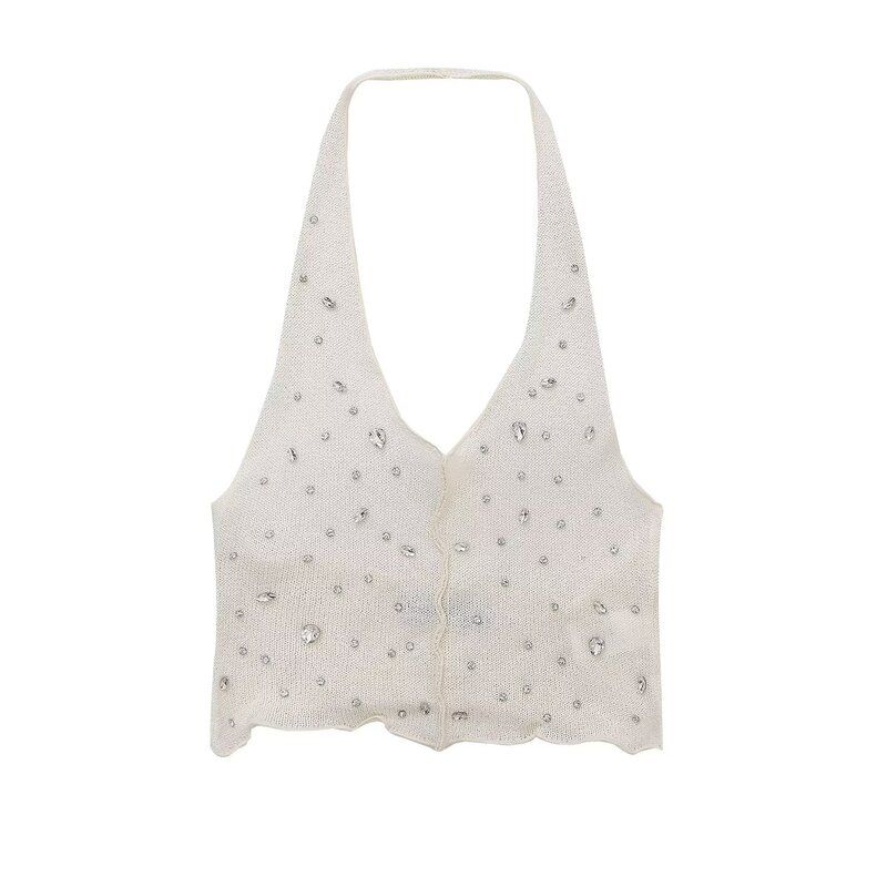 Fashion Style 2024 Summer New Arrival Women's Sleeveless Jewelry Inlaid Hanging Collar Vest Camisole Tops 1014316