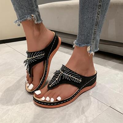 Fashion New Fashion Color Block Open Toe Women's Slippers 2025 Outdoor Flip-Toe Rhinestone Decorated Wedge Comfortable Zapatos De Mujer