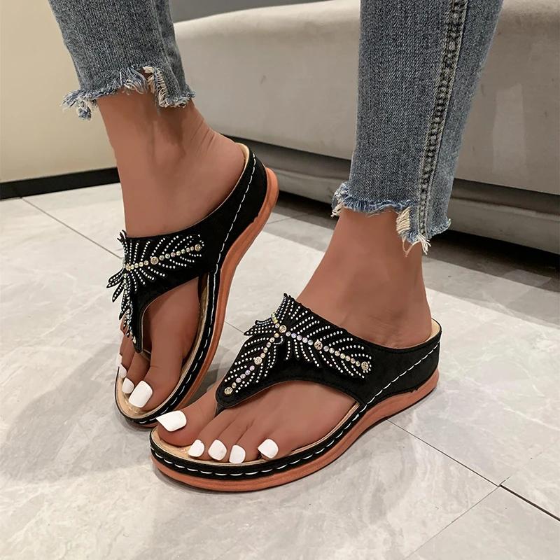 Fashion New Fashion Color Block Open Toe Women's Slippers 2025 Outdoor Flip-Toe Rhinestone Decorated Wedge Comfortable Zapatos De Mujer