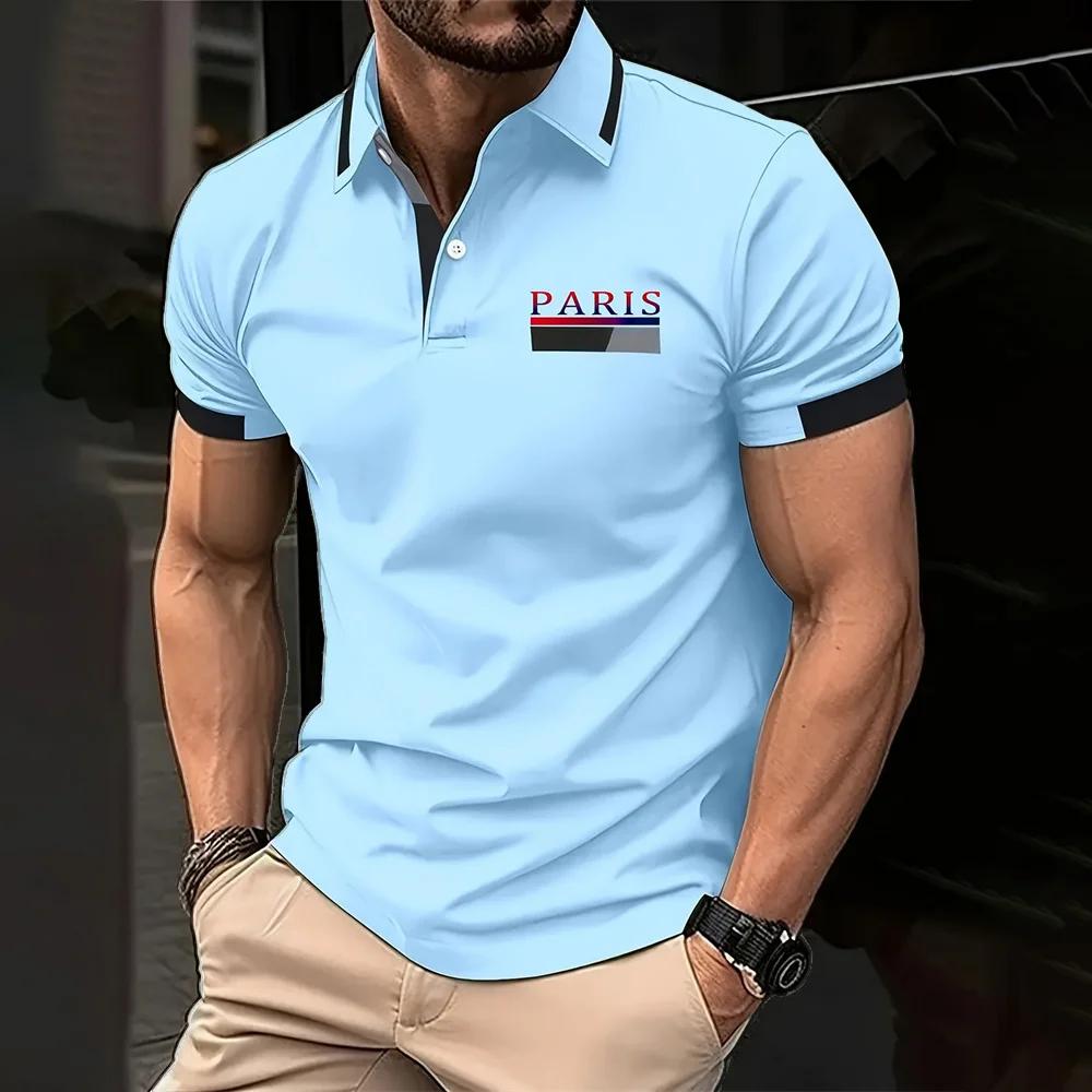Parisian Print Short-sleeved Polo Shirt for Men's Casual Style, Multi-functional Lapel Shirt, Summer Street Men's Casual Breatha