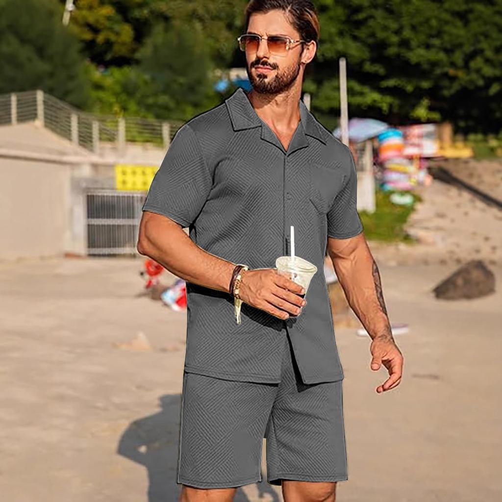 Men's Summer Casual Texture Beach Short-sleeved Knitted Sweater Buckle and Shorts Set