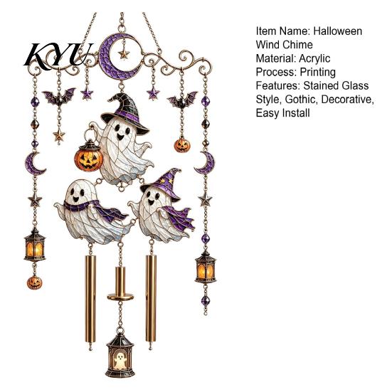 Easy Installation Metal Chain Ornaments Halloween Stained Glass Style Wind Chime, Acrylic Suncatcher Hanging Ornament with Ghost Black Cat Chimes