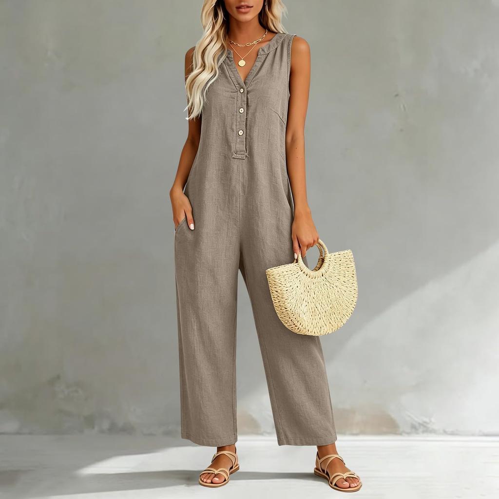 Damen Freizeit Ärmelloser V-Ausschnitt Knopfleiste Strampler Weiter Baggy Latzhose Mit Tasche