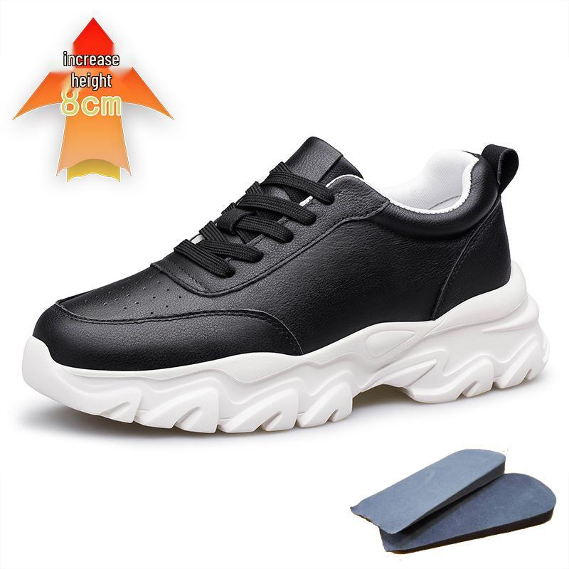 Men's Hidden Height Sports Casual White Cowhide Shoes, Low-Top, Thick Sole for Spring.