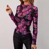 Autumn and Winter Women's Elegant Fashion Floral Printing Small Standing Collar Mesh Wooden Ear T-shirt