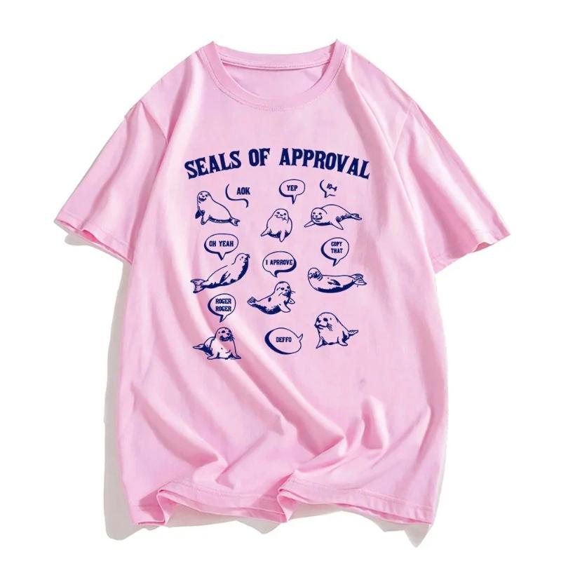 Seals of Approval Tee Sea Lion Cartoon Printing T-shirt Summer Short Sleeve Tshirts for Female Loose Kawaii Graphic Tops