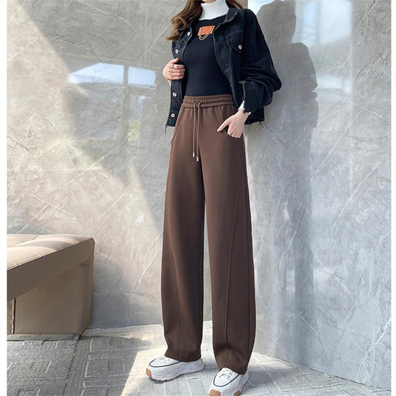 Winter New Thickening Velvet Wide Leg PantsCasual Warm Elegant Women Sweatpants Korean High Waist Loose Straight Pants Female