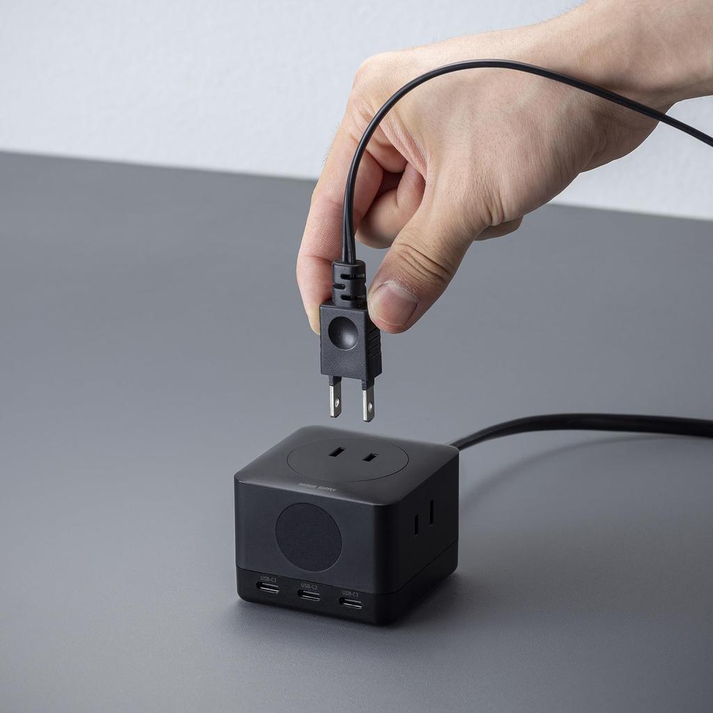 Sanwa Supply GaN Power Strip with USB Fast Charging, PD67W, TAP-B111C3BK