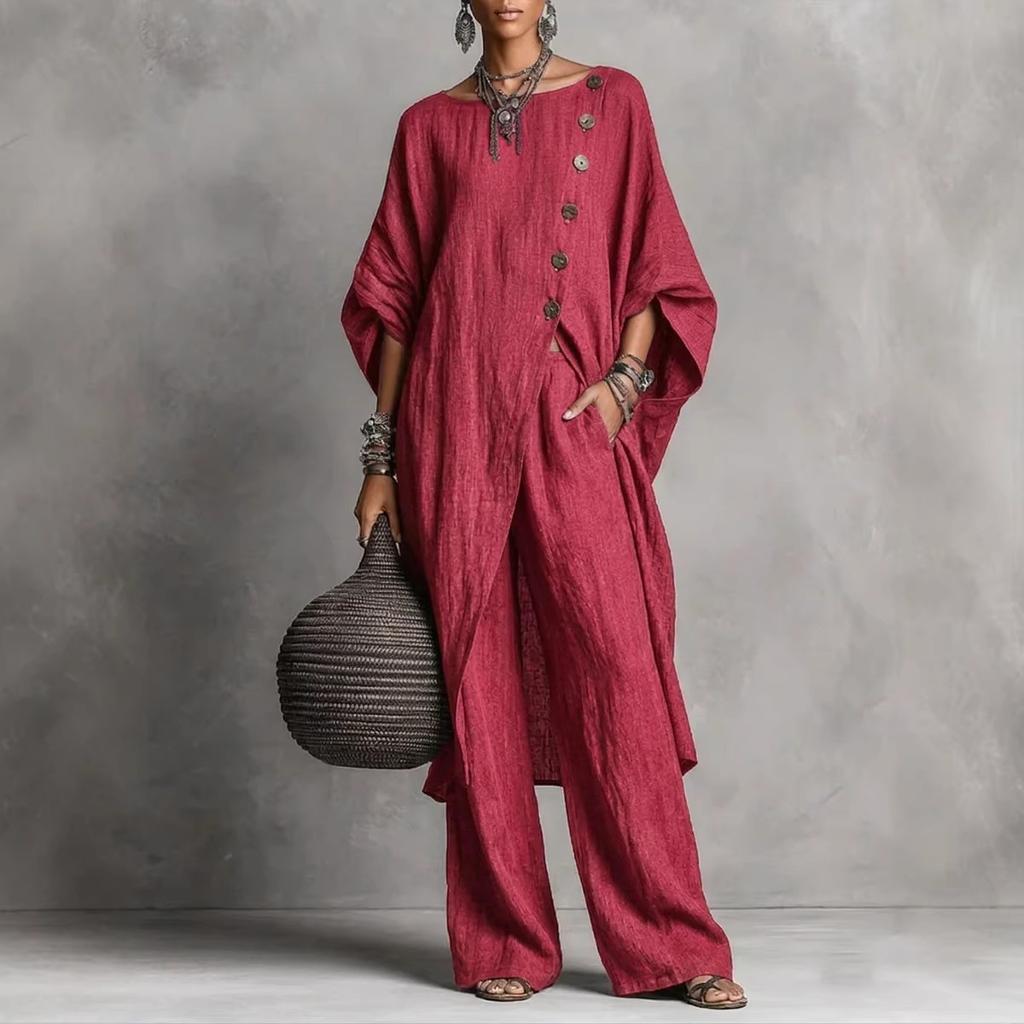 VEZFAA Moda Donna Casual Estate Primavera Colore Solido Stampa Manica 3/4 Scollo O Pantaloni Completi