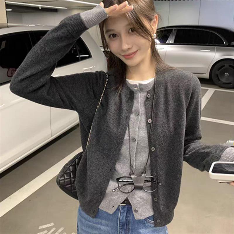 Gentle Korean Retro Knit Cardigan with Faux Two-Piece Design - 2025 Autumn/Winter Wool Sweater