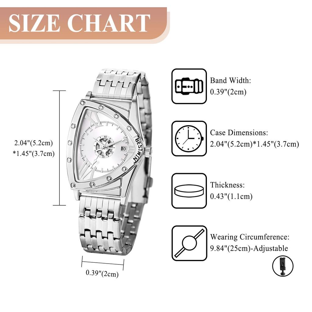 Wasserdichte und regendichte Herrenarmbanduhr mit dreieckigem Zifferblatt, Edelstahl-Strichindizes, verstellbarem silbernem Gehäuse, silbernem Armband, weißem Zifferblatt und