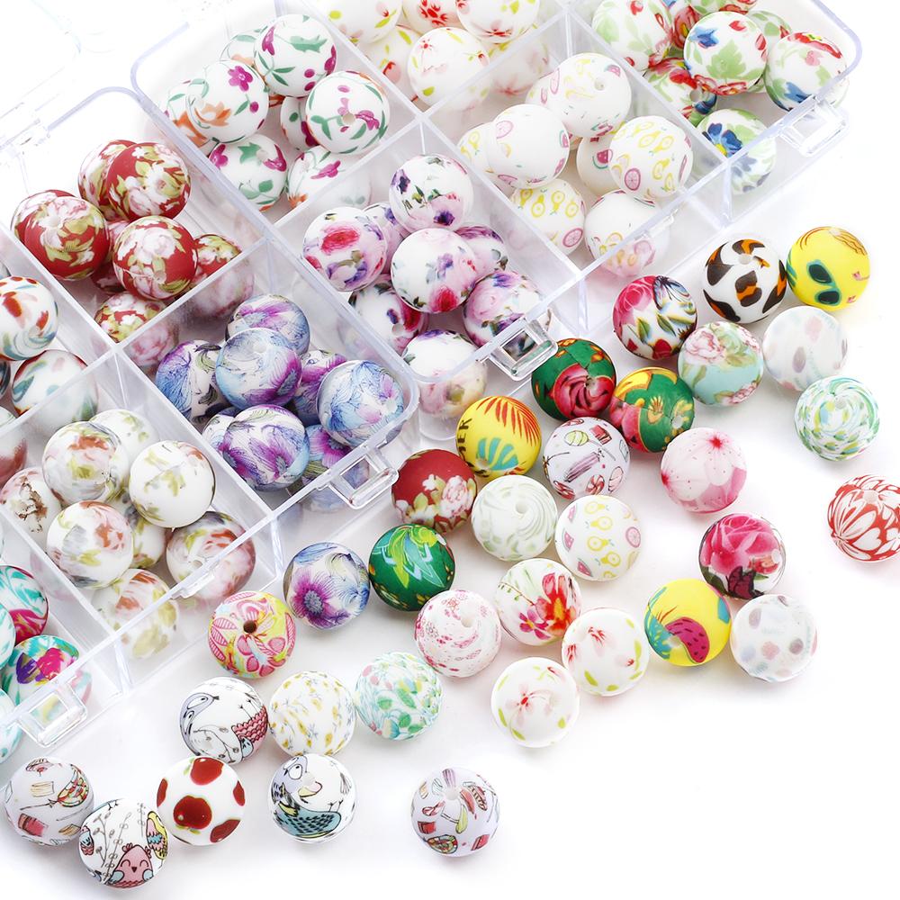 10Pcs 15mm New Silicone Beads Round Print Colorful Spacer Beads Food Grade Baby Nursing Necklace Pacifier Chain Teether Toys