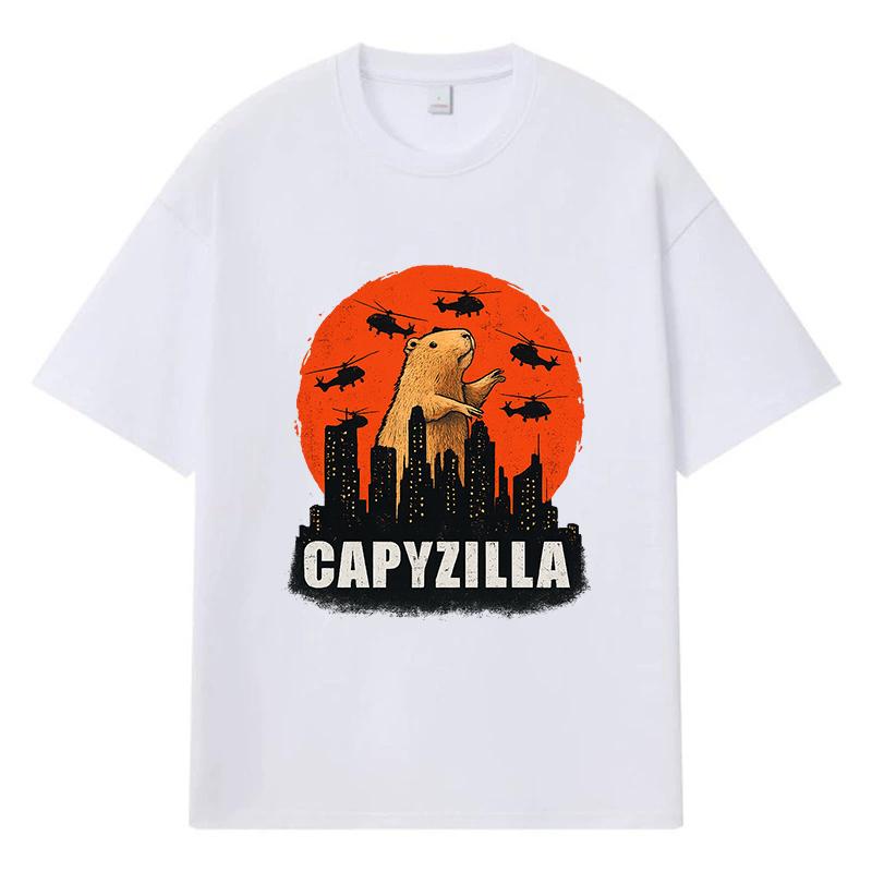 2026 Capybara Standing On Buildings Helicopters Flying Around Graphic Y2k Harajuku Streetwear 100% Cotton T Shirt Casual Oversized Summer Men T-shirt